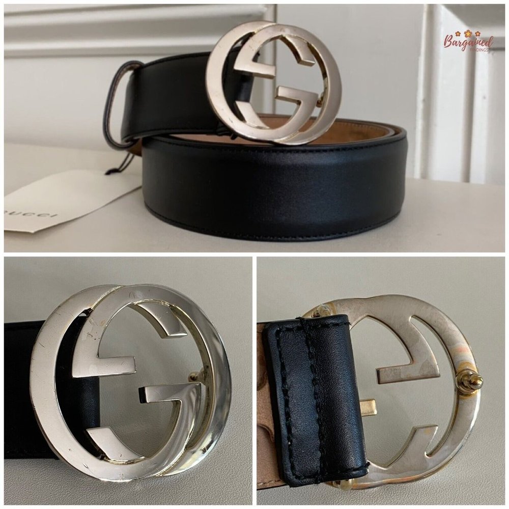 Authentic Gucci Black Calfskin Leather Silver Interlocking G Buckle Belt 75/30 - Picture 2 of 13